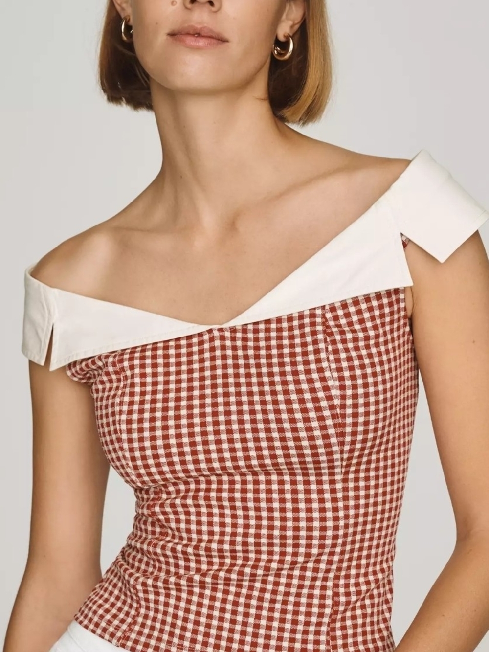 Maeve Off-Shoulder Gingham Knit Top with Contrast Collar